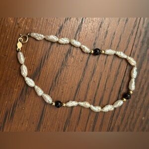 VINTAGE 14K GOLD Beads,  Black Onyx Beads & Rice Pearls Beaded Bracelet 7"